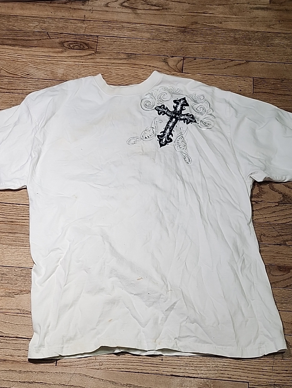 Men's White Short Sleeve Tee with Black Ornate Cross Graphic